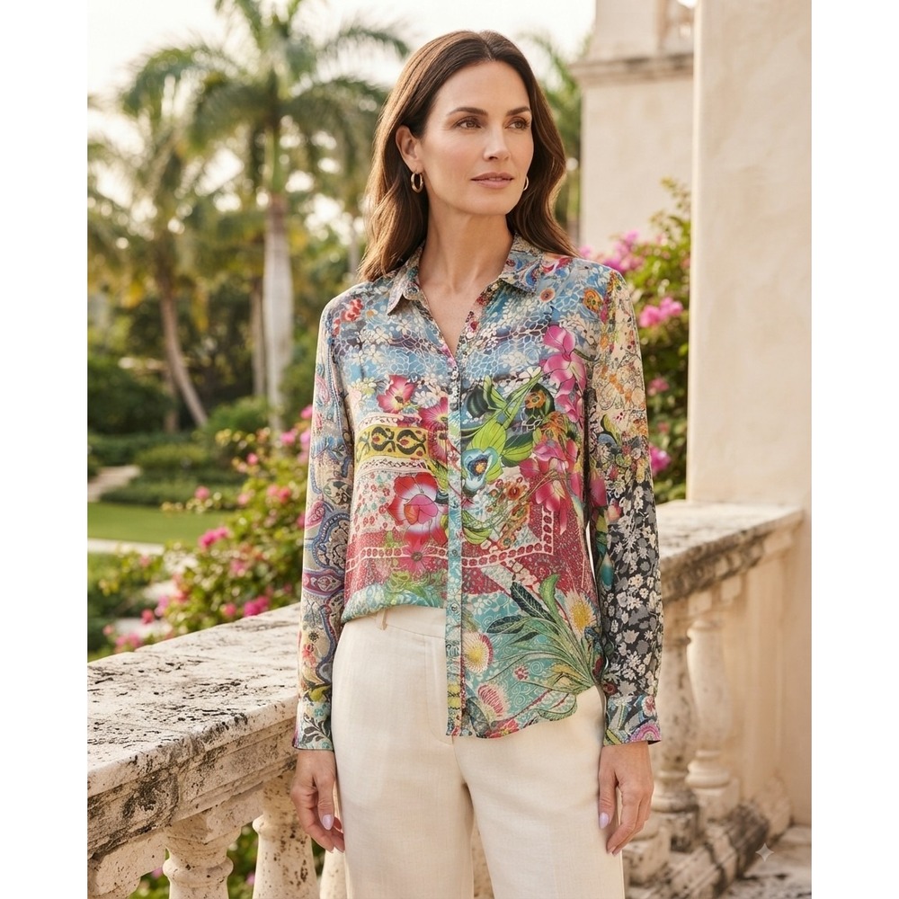 Johnny Was Cupra Rayon Patchwork Floral Paisley Button Down Blouse C68725B-2 L